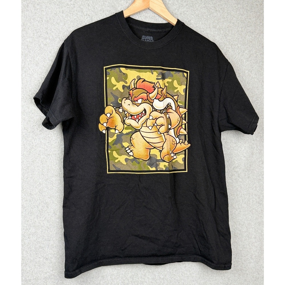 Super Mario Bowser Camo Graphic Black T Shirt Size Large Nintendo